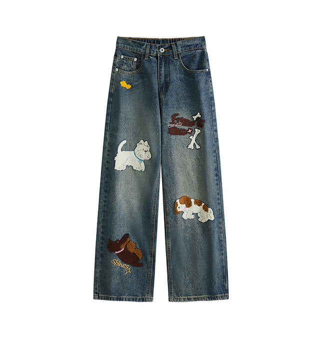 Puppy patchwork embroidered washed denim jeans