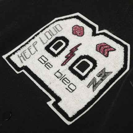 Heavy Embroidery Baseball Jacket – Thick Fit with bold 'KEEP LOUD' patch detail on black fabric.