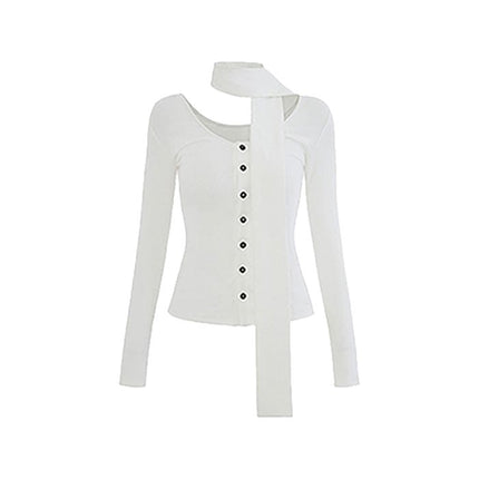 Seductive V-Neck Long Sleeve T-Shirt for Women,  Elegant Fitted Style with Ribbon Detail Design