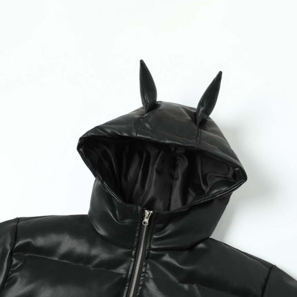 Devil Ears Leather Hoodie Jacket – Loose Fit featuring a hood with cute devil ear accents.