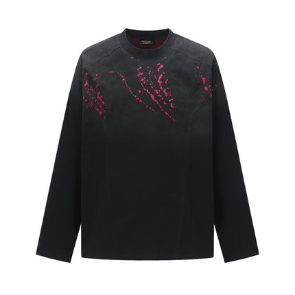 Ripped Gradient Long Sleeve T-Shirt – Loose Fit in black with pink abstract design, perfect for streetwear styling.