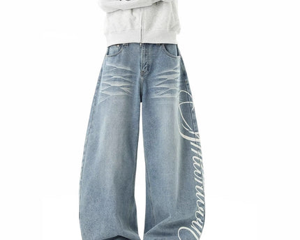 Retro Washed Distressed Letter Print Jeans Unisex Autumn Street Style Loose Wide Leg Drapey Floor-Length Pants Fashion Brand