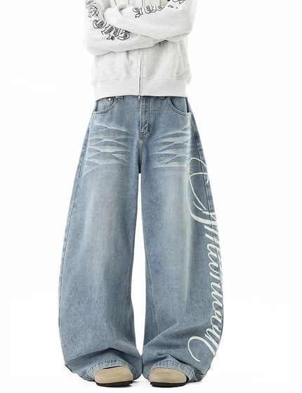 Retro Washed Distressed Letter Print Jeans Unisex Autumn Street Style Loose Wide Leg Drapey Floor-Length Pants Fashion Brand