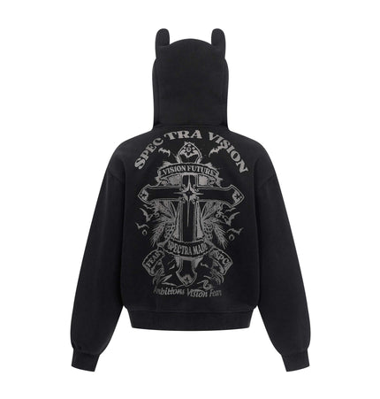 Vintage hoodie | Cross letter print hoodie | Distressed zip-up sweatshirt | Unisex streetwear jacket | Loose fit hoodie black | Casual streetwear hoodie gray