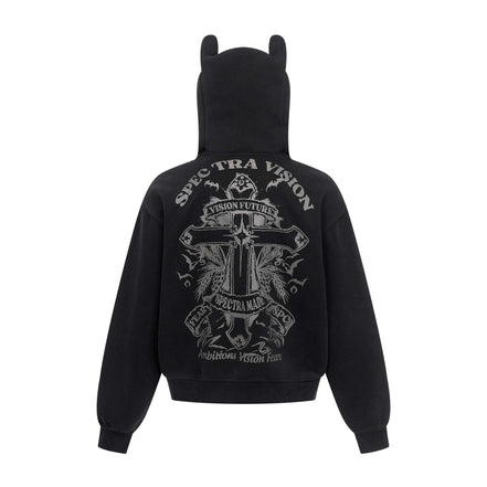 Vintage hoodie | Cross letter print hoodie | Distressed zip-up sweatshirt | Unisex streetwear jacket | Loose fit hoodie black | Casual streetwear hoodie gray