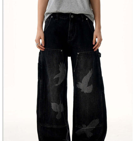 Pigeon Print Wide Leg Jeans – Loose Fit displayed on model, showcasing unique pigeon print and loose fit silhouette.