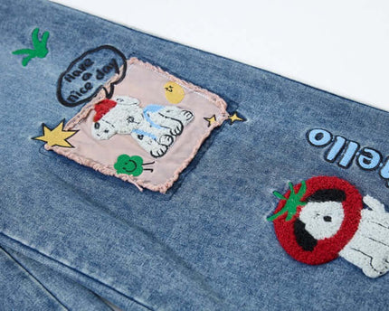 Embroidered College Style Cartoon Patch Denim Pants