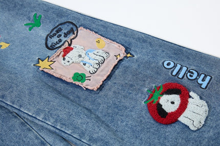 Embroidered College Style Cartoon Patch Denim Pants