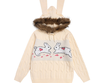 Pulover cu glugă drăguț de iepure, cu guler mare din blană și fundă pentru femei