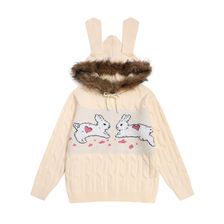 Cute Rabbit Hooded Sweater with Large Fur Collar and Tie for Women