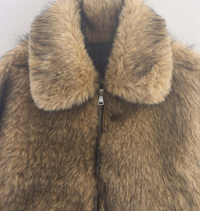 Giacca con zip in shearling cammello – Vestibilità regolare