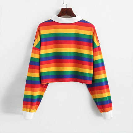 Grozavu's Rainbow Color Long Sleeve Sweatshirt: Korean Style with Button Stripes at €30.99