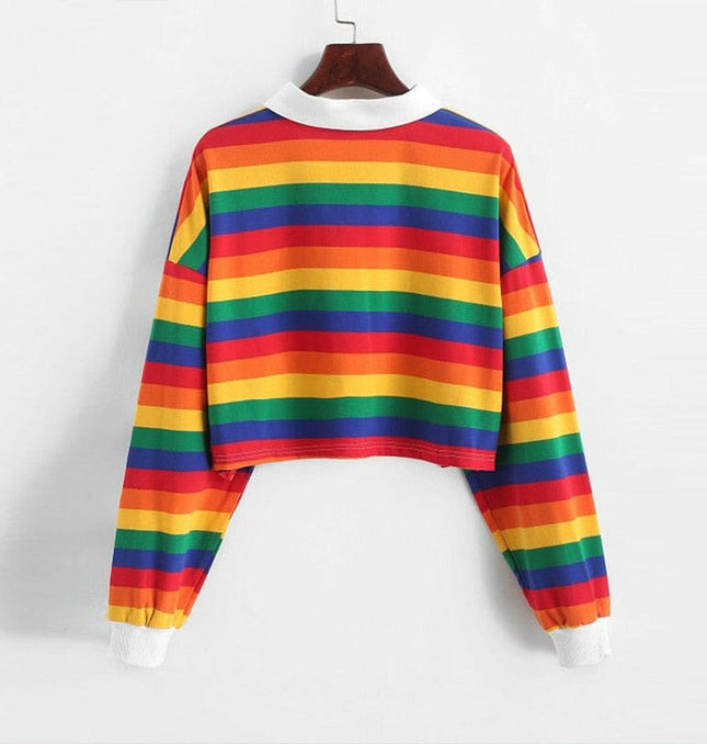 Grozavu's Rainbow Color Long Sleeve Sweatshirt: Korean Style with Button Stripes at €30.99