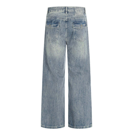 Close-up fabric and fit of Washed Denim Straight Leg Pants