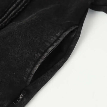 Stripe Patchwork Hoodie – Loose Fit showing close-up of fabric and pocket detail.