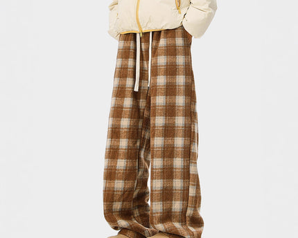 Casual Checkered Drawstring Pants Men Winter  Style Couple Fleece-Lined Warm Loose Vintage Sport Long Pants