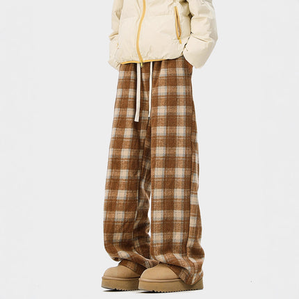 Casual Checkered Drawstring Pants Men Winter  Style Couple Fleece-Lined Warm Loose Vintage Sport Long Pants