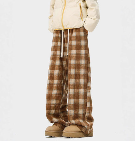 Fleece-Lined Winter Pants - Loose Fit in brown plaid style, designed for casual winter comfort and relaxed fit.