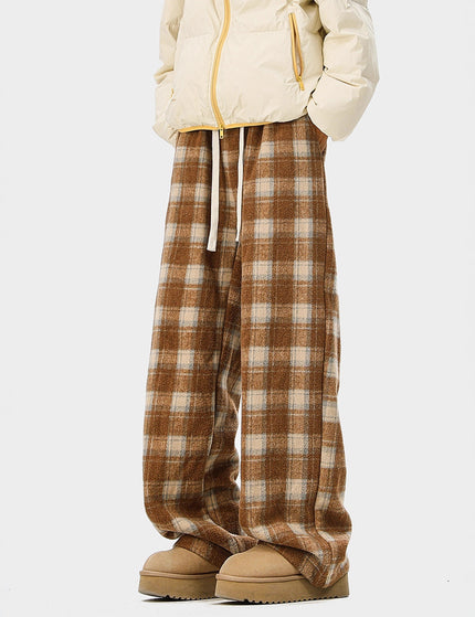 Casual Checkered Drawstring Pants Men Winter  Style Couple Fleece-Lined Warm Loose Vintage Sport Long Pants