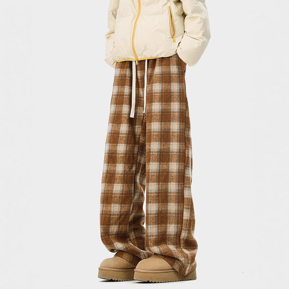 Casual Checkered Drawstring Pants Men Winter  Style Couple Fleece-Lined Warm Loose Vintage Sport Long Pants