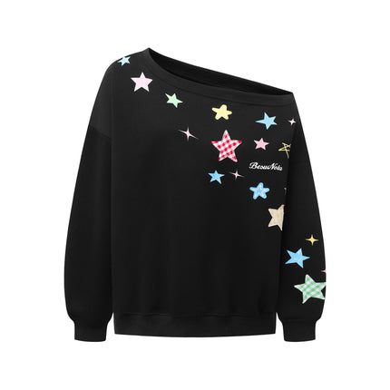 Retro Graffiti Star Hoodie – Slanted Shoulder