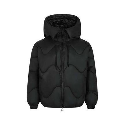 Wave Design Puffer Coat – Loose Fit in black with distinctive wave pattern and hooded style.