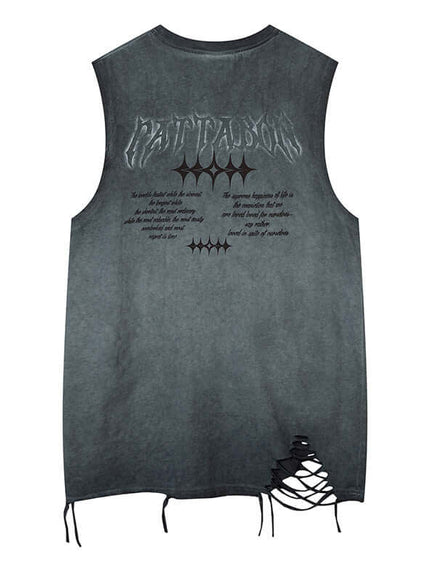 Back view of Black washed distressed unique sleeveless t-shirt by Grozavu
