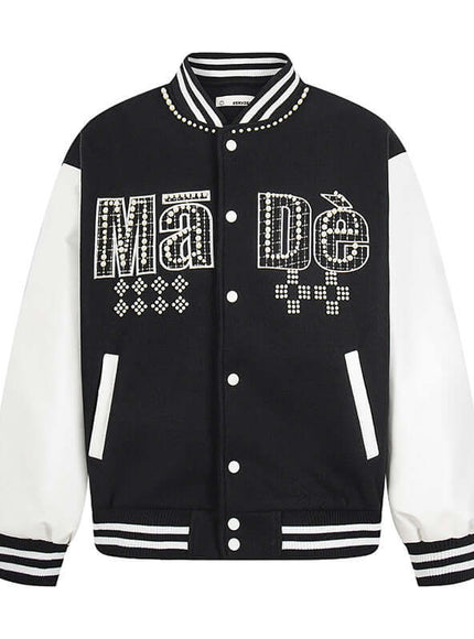 Black patchwork paneled beaded jacket with Grozavu logo