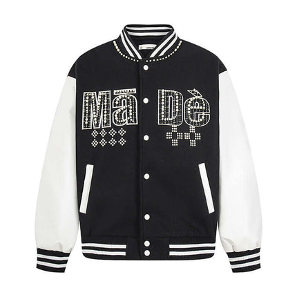 Black patchwork paneled beaded jacket with Grozavu logo