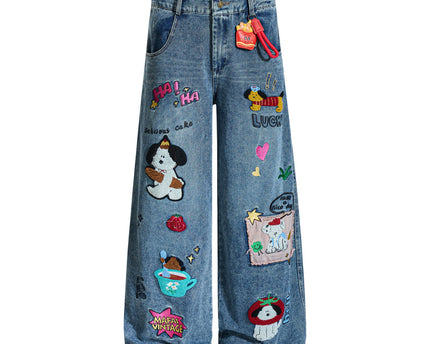Embroidered College Style Cartoon Patch Denim Pants