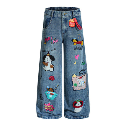 Embroidered College Style Cartoon Patch Denim Pants