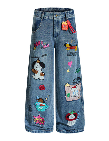 Embroidered College Style Cartoon Patch Denim Pants