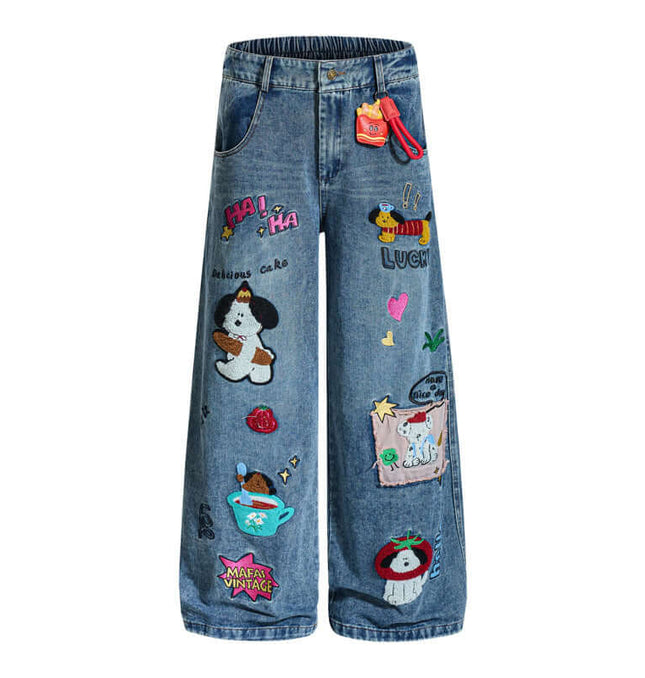 Cartoon Patch College Denim Pants