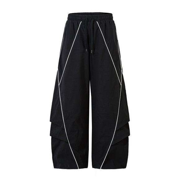 Tape Decorated Casual Pants Loose Wide Leg Trousers Men's Street Trendy Design Sporty Pleated Drape Long Pants