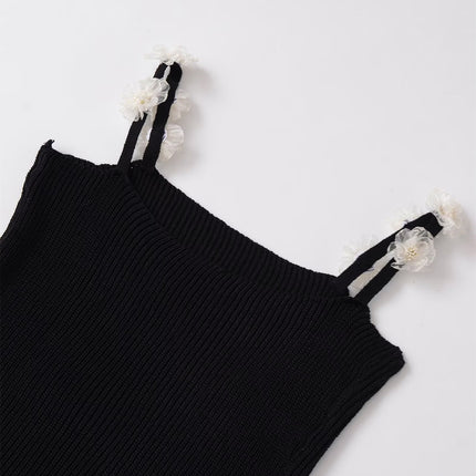 Heißes Mädchen Blumen Stricktop – Ärmelloses Rundhals-Strickkleid