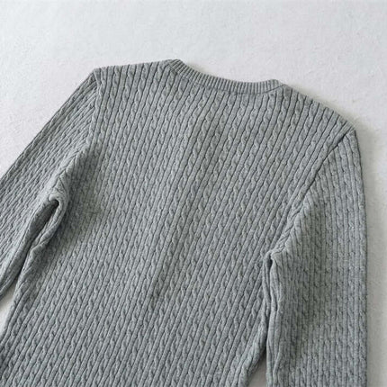 Back view of the Round Neck Half-Button Knit Sweater in soft grey, showcasing its textured design and slim-fit silhouette.