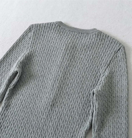 Back view of the Round Neck Half-Button Knit Sweater in soft grey, showcasing its textured design and slim-fit silhouette.