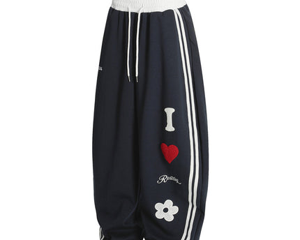 Street Style Towel Embroidery Heart Graphic Sweatpants