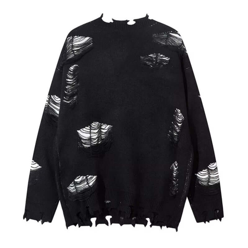 Black knitted sweater ripped chain splicing with Grozavu logo