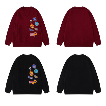 Embroidered Cable Knit VNeck Sweater