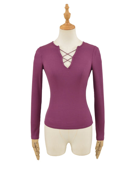 T-shirt à manches longues en V avec bretelles pour femmes