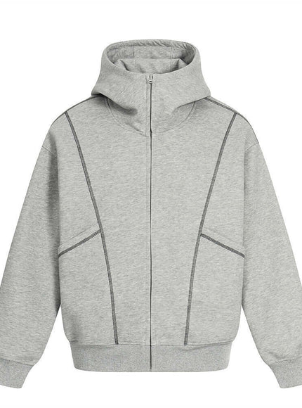 Model wearing Gray necked hooded jacket by Grozavu