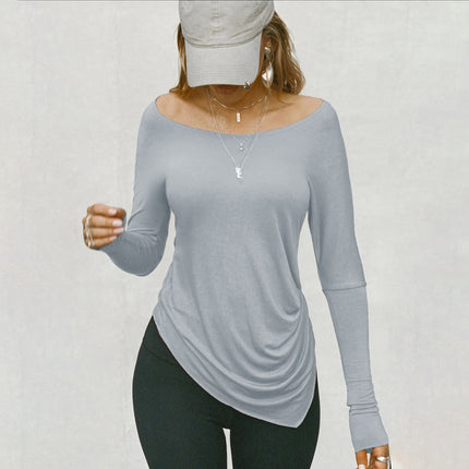 Casual Loose Style Irregular Solid Color Long Sleeve T-Shirt for Women with Gathered Detail, Fitted Waistline, Stretchy Base Layer Top