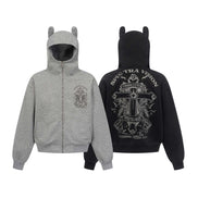 Vintage hoodie | Cross letter print hoodie | Distressed zip-up sweatshirt | Unisex streetwear jacket | Loose fit hoodie black | Casual streetwear hoodie gray