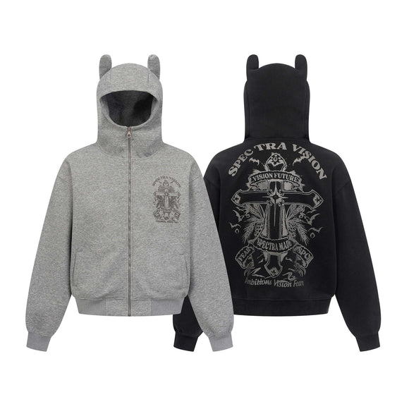 Vintage hoodie | Cross letter print hoodie | Distressed zip-up sweatshirt | Unisex streetwear jacket | Loose fit hoodie black | Casual streetwear hoodie gray