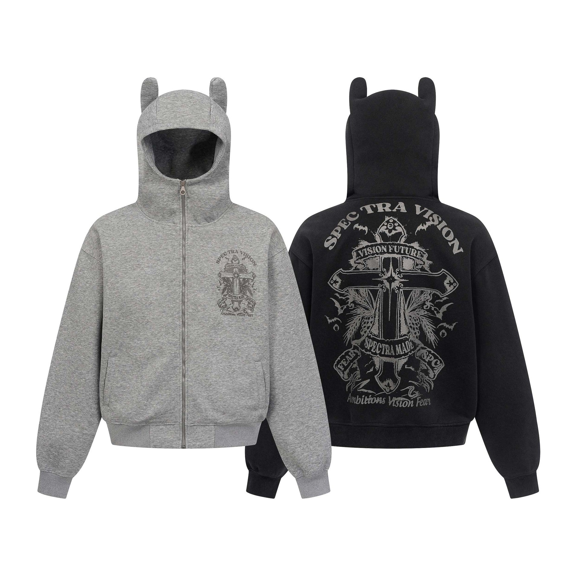 Vintage hoodie | Cross letter print hoodie | Distressed zip-up sweatshirt | Unisex streetwear jacket | Loose fit hoodie black | Casual streetwear hoodie gray