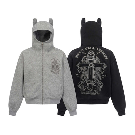 Vintage hoodie | Cross letter print hoodie | Distressed zip-up sweatshirt | Unisex streetwear jacket | Loose fit hoodie black | Casual streetwear hoodie gray