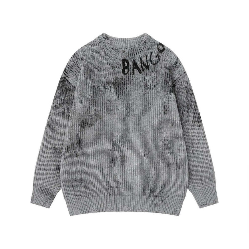 Model wearing Black splashed ink dirty round sweater by Grozavu