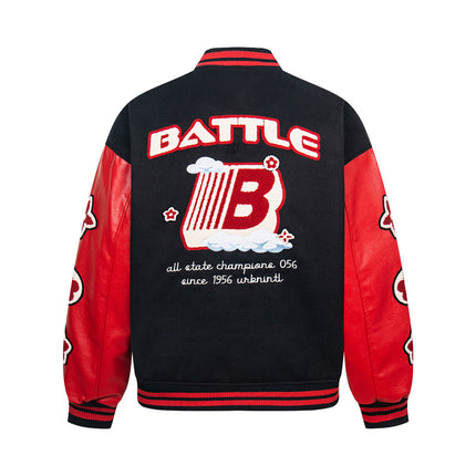 Street Style PU Leather Sleeve Patchwork Baseball Jacket for Men, Loose Fit Slimming Casual Outwear