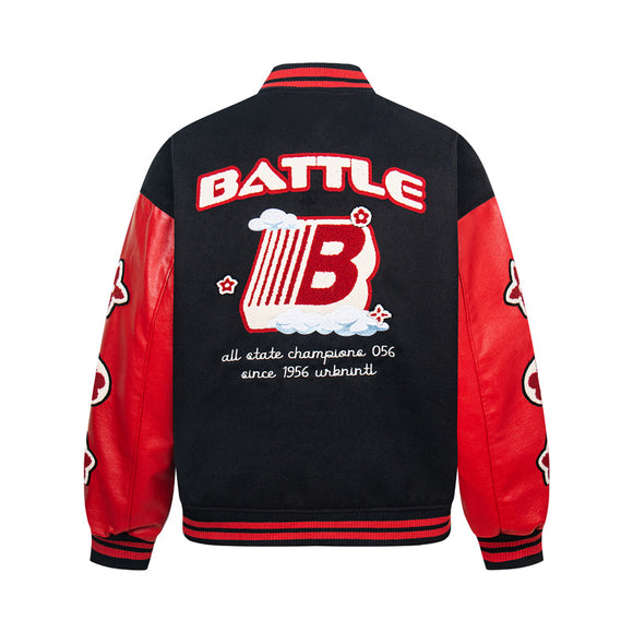 Street Style PU Leather Sleeve Patchwork Baseball Jacket for Men, Loose Fit Slimming Casual Outwear